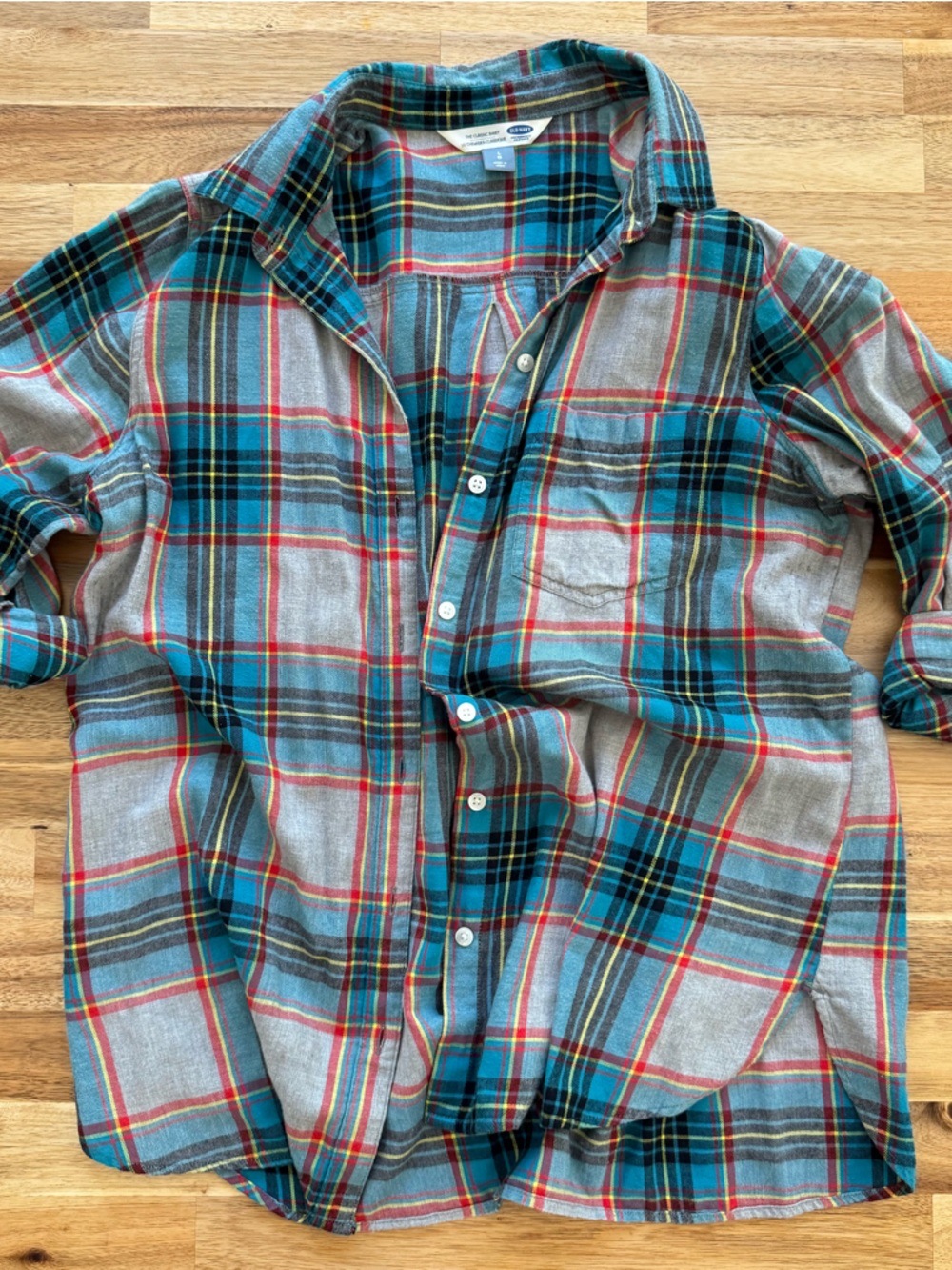 Old Navy Teal Plaid Flannel Shirt with Red & Yellow Accents